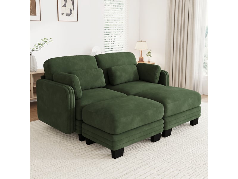 Canapé droit modulable 176 cm 2 places avec 2 poufs, coussins d’accoudoir amovibles, coussins lombaires épais à soutien renforcé, chenille, vert - Conforama B