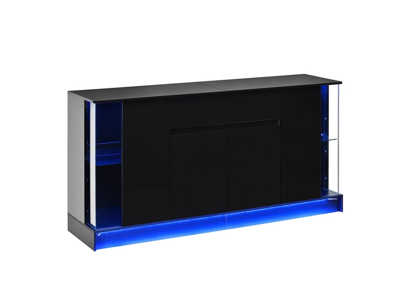  Buffet l150 x p40 x h75 cm en panneaux de particules avec vitrines et éclairage led noir chicfurn  - Conforama A