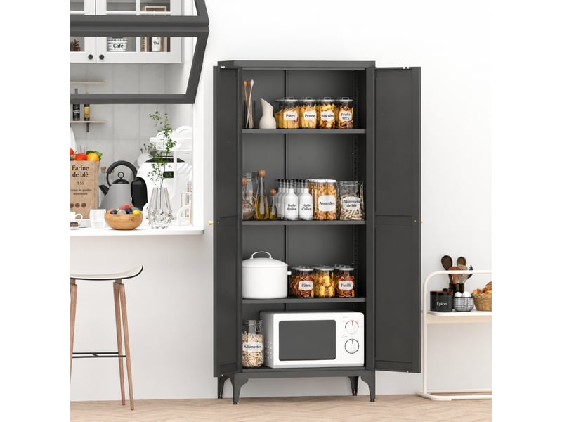  Armoire de rangement métallique noire, 2 portes et 3 étagères réglables, 70 x 35 x 165 cm  - Conforama E