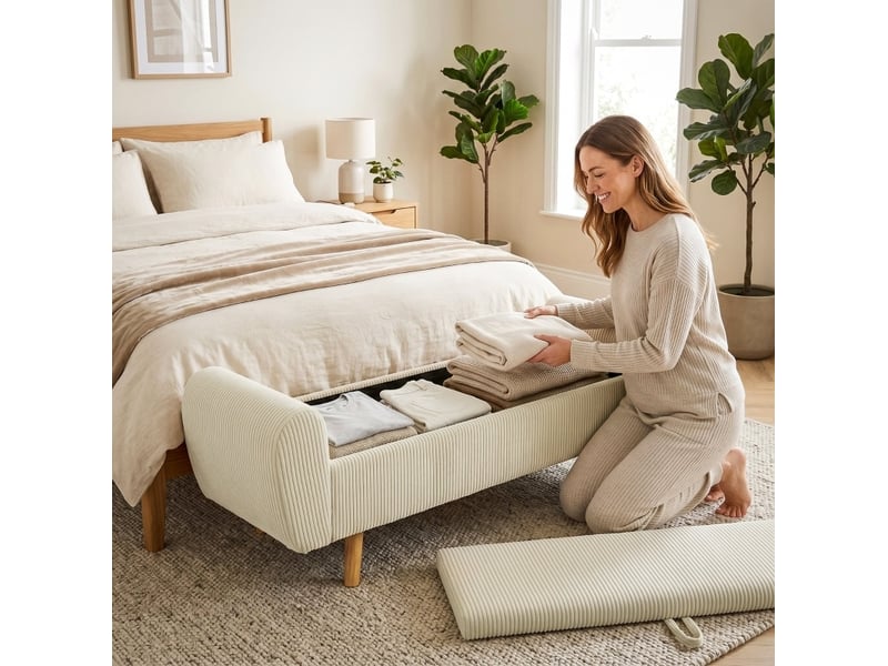  Banc de rangement en velours côtelé beige avec accoudoirs roulés et pieds en bois  - Conforama E