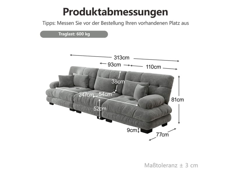  Canapé d'angle modenvie modulable 3 places en chenille gris 313 x 77 x 81 cm  - Conforama C