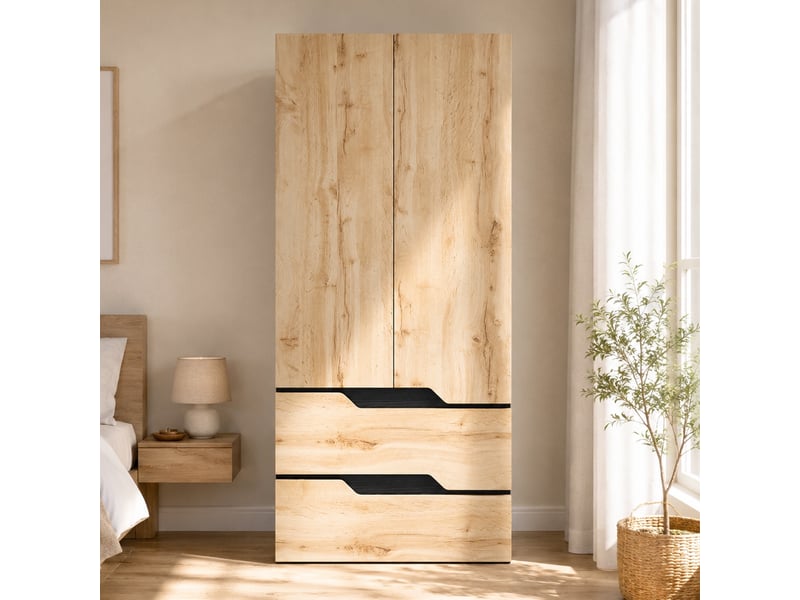  Armoire penderie de chambre 90x50x200 cm, dressing de rangement moderne, mdf aspect chêne, 2 portes 2 tiroirs, noir et bois  - Conforama C