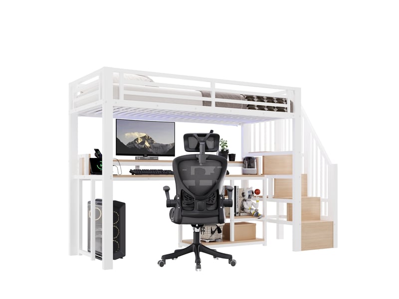  Lit mezzanine 90x200 cm avec rangements, led et ports usb et type c en métal et mdf blanc  - Conforama A