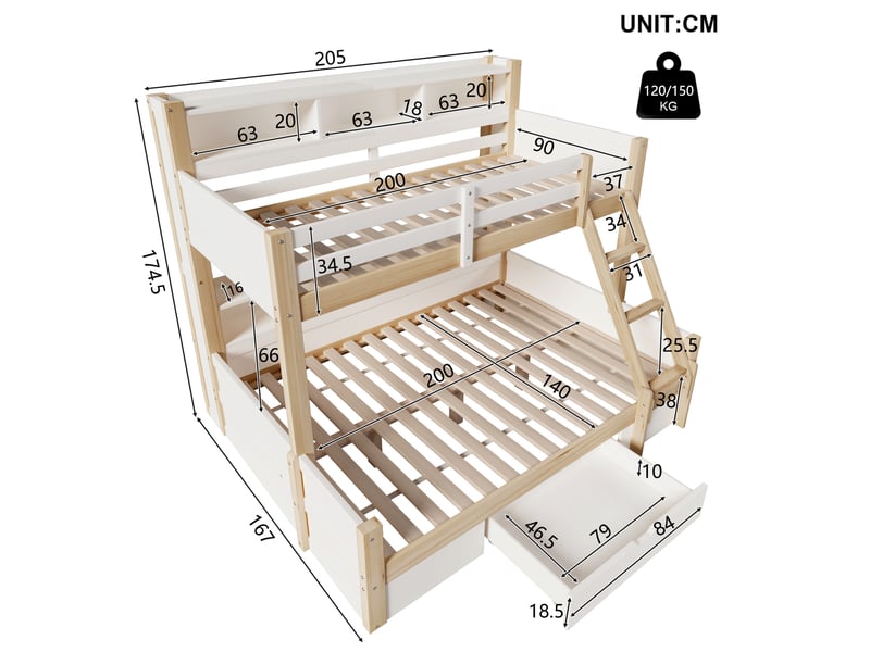  Lit superposé enfant avec couchage double en bas, 90x200 et 140x200 cm, rangements, tiroir et éclairage led  - Conforama C