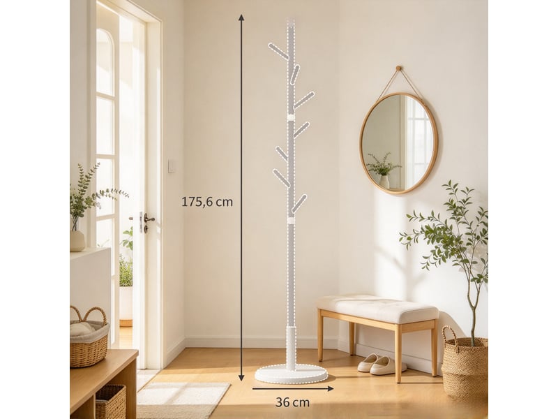 Porte-manteau sur pied à 8 crochets, meuble d'entrée pratique, 37.8 x 37.8 x 175.6 cm, naturel + blanc - Conforama E