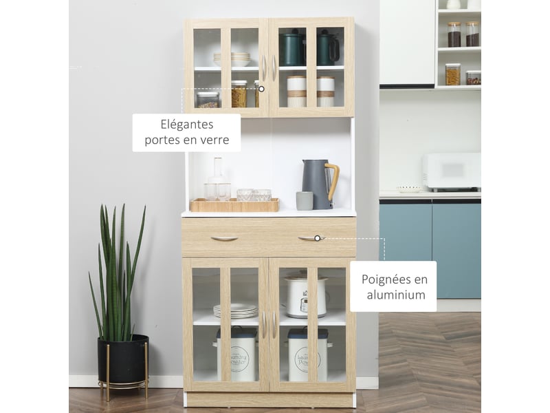  Buffet haut de cuisine armoire de cuisine multi-rangement 4 portes vitrine verre avec tiroir étagère coulissant grand plateau en bois blanc aspect chêne clair  - Conforama R