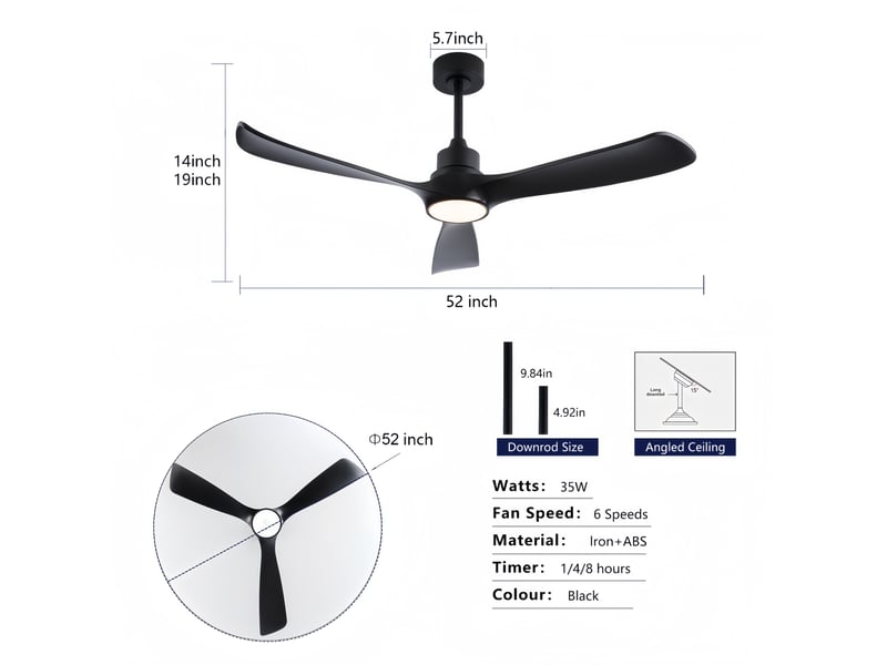  Ventilateur de plafond noir de 52 pouces avec lumière et télécommande, moteur dc réversible, 3 températures de couleur  - Conforama C