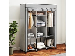 Armoire en tissu avec 8 étagères et 2 tringles, fermeture zippée, pour chambre, gris clair, 125 × 43 × 162,5 cm