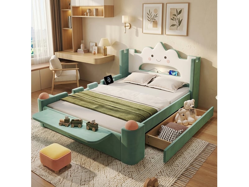  Lit enfant rembourré modenvie 140 x 200 cm avec tête de lit nuage, lampe led, port usb, tiroir de rangement réversible, tablette rabattable, tabouret, velours bleu vert  - Conforama D