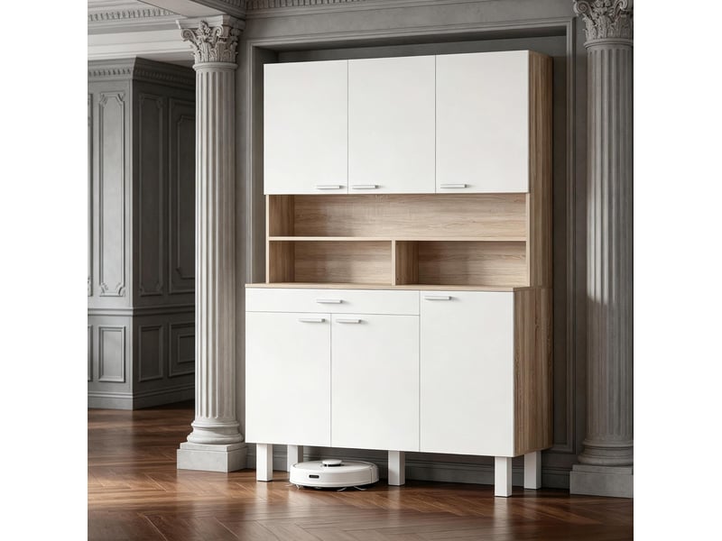  Buffet de cuisine modenvie 120 x 40 x 175 cm blanc et naturel, 6 portes, tiroir, niches ouvertes, pieds métalliques  - Conforama B