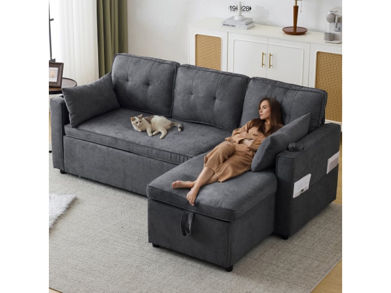  Canapé d'angle convertible canapé-lit réversible canapé 3 places avec coffre de rangement porte-gobelets - gris  - Conforama D
