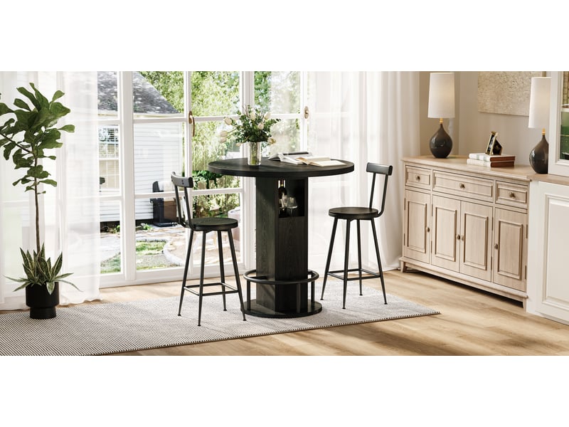  Ensemble table et chaises de bar avec 1 table et 2 tabourets  - rangement - bois aggloméré et acier - noir  - Conforama E