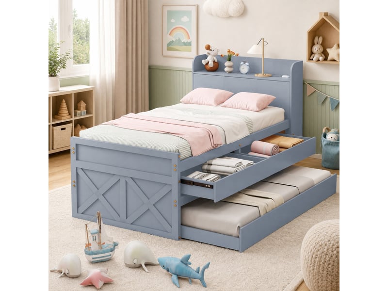  Lit simple 90x190 cm avec lit gigogne, tiroirs et usb, bois gris  - Conforama B
