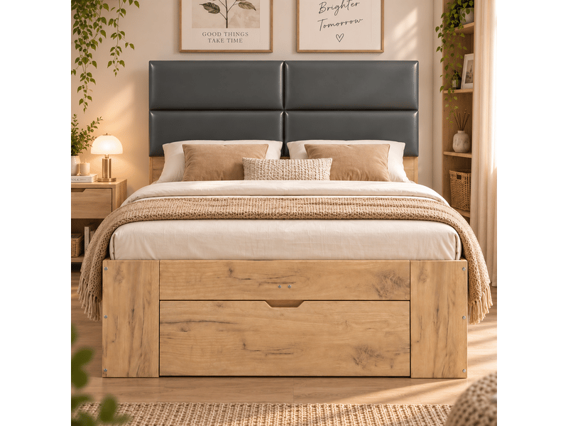  Lit enfant 140x200 cm coloris bois naturel tête de lit rembourrée  - Conforama D