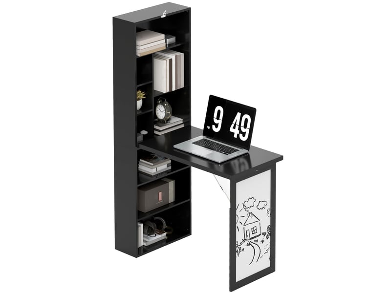  Bureau pliant moderne avec bibliothèque et tableau noir, en bois et métal, 98 x 51 x 153 cm, noir  - Conforama B