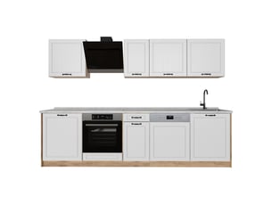 Vicco cuisine, blanc campagnechêne doré, 280cm plan de travail marbre