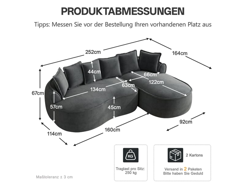  Canapé d’angle modulable 3 places en chenille gris avec méridienne 252x164 cm  - Conforama C
