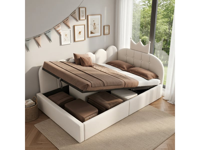  Canapé-lit pour enfant 90 x 190 cm, avec rangement hydraulique, en velours, gris  - Conforama D