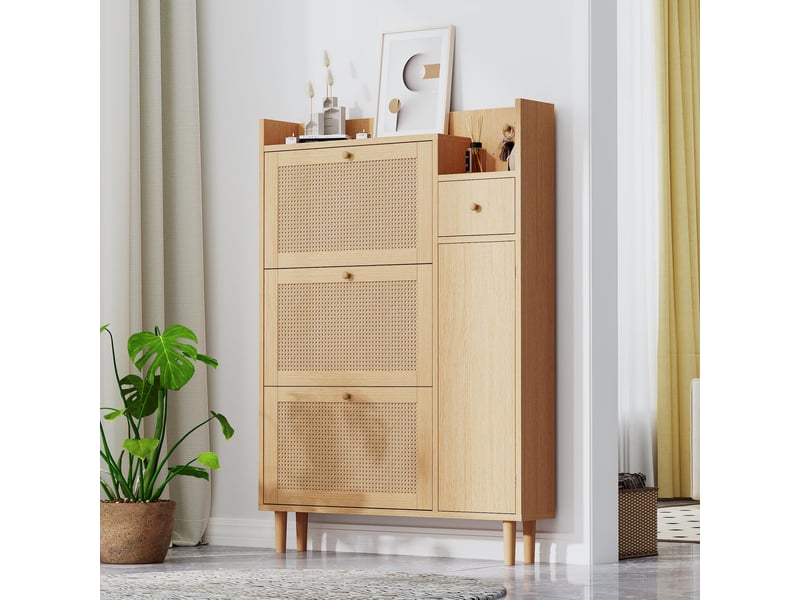  Meuble à chaussures - 90x17x125cm - meuble d'entrée 3 portes abattantes, 1 tiroir, cannage rotin - blanc &amp; bois  - Conforama B