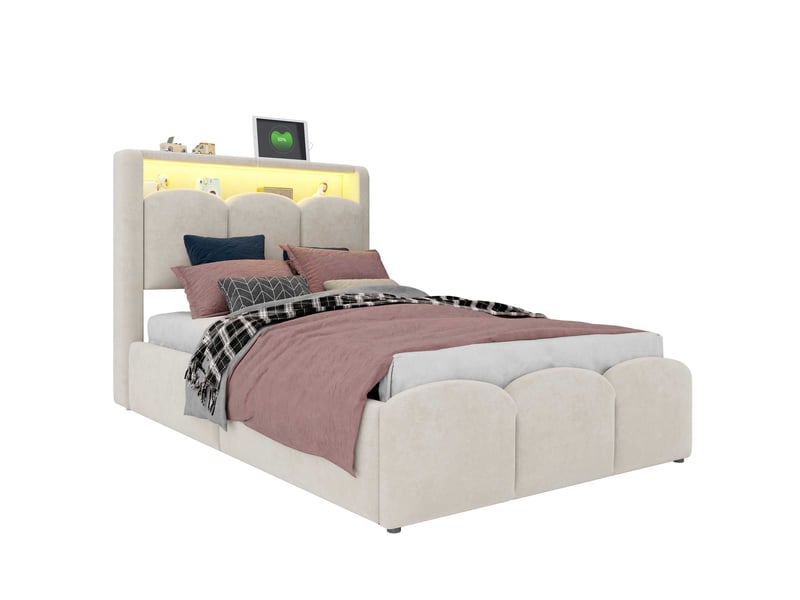 Lit coffre 90x200 cm enfant rembourré, rangement hydraulique, tête de lit avec led usb-c et rangement, velours beige motif pétales - Conforama A