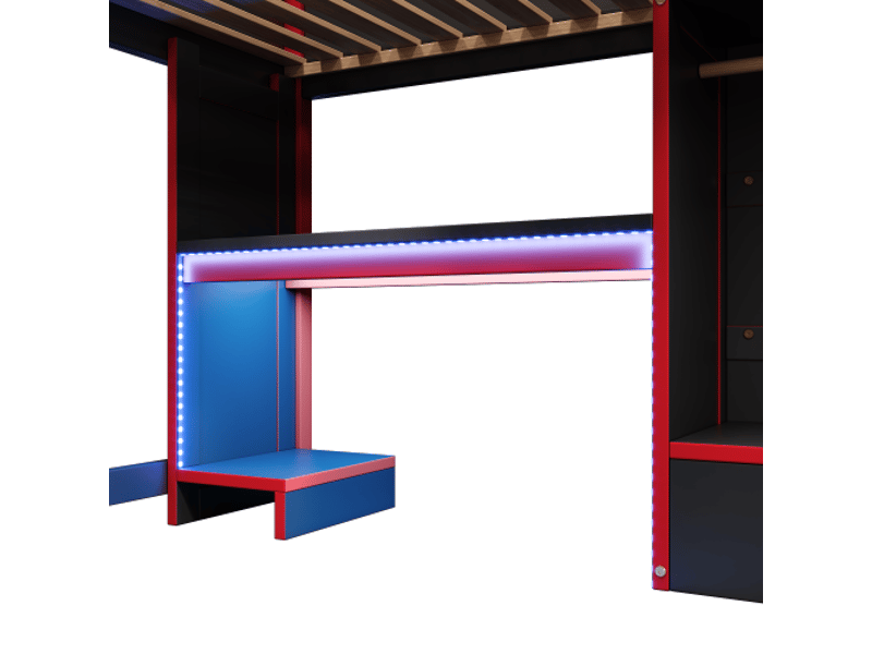  Lit mezzanine gamer 140x200 cm avec bureau et led noir et rouge, échelle, armoire, grands tiroirs, matelas non inclus  - Conforama E