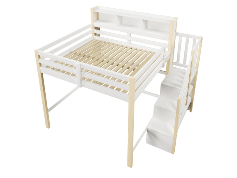 Lit mezzanine led 140x200 cm, grand rangement dessous, échelle de rangement, sans matelas, blanc et naturel - Conforama D