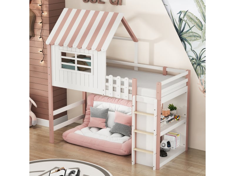  Lit mezzanine 90x200 cm coloris rose bois massif lit enfant rose - Conforama E
