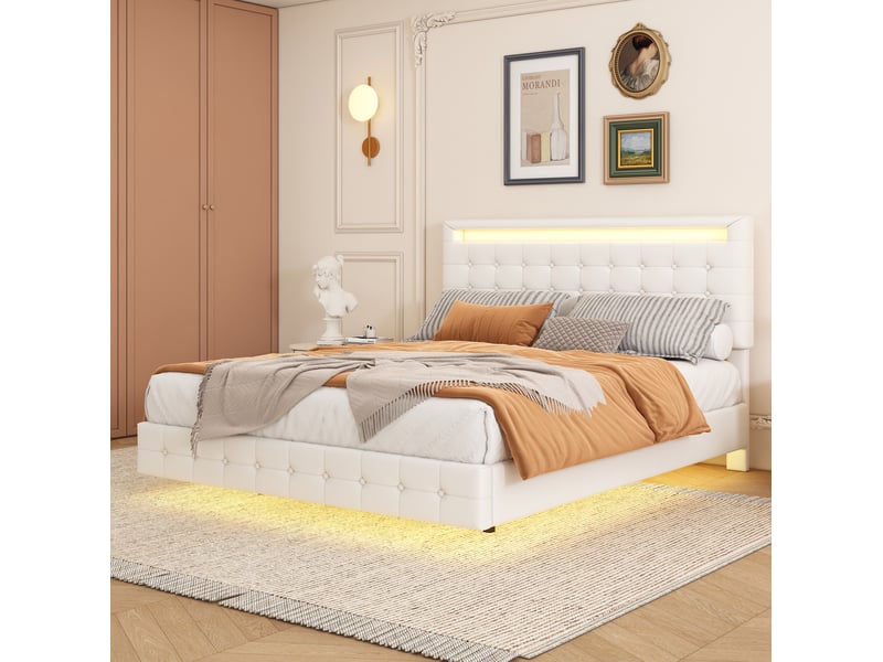 Lit 2 places 140x200cm, sommier, tête de lit réglable, éclairage avec éclairage led, mdf+pu blanc, sans matelas - Conforama E