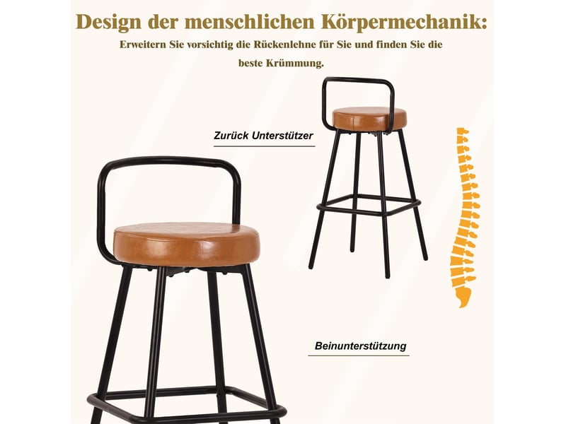  Tabouret de bar ergonomique avec dossier et repose-pieds, structure stable, en pu imperméable et métal marron  - Conforama E