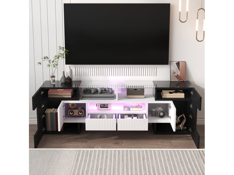  Meuble tv 145 cm, éclairage led multicolore, 6 portes 2 tiroirs, finition laquée en panneau de particules blanc et noir  - Conforama D