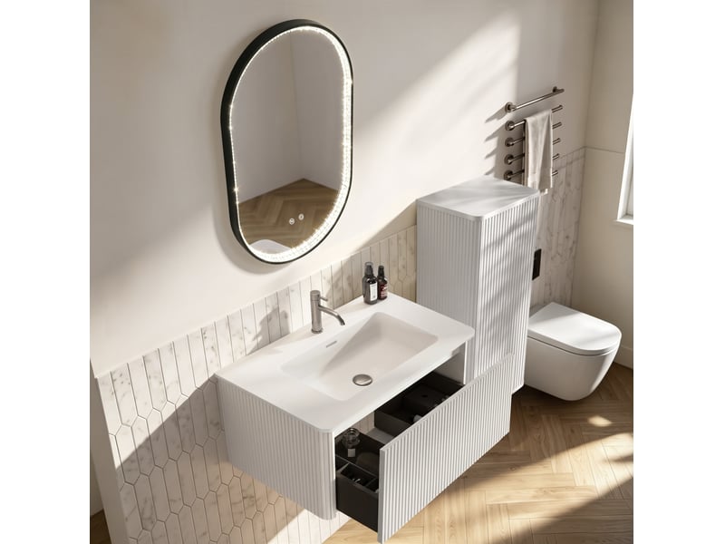  Meuble sous vasque suspendu avec vasque colonne et miroir led réglable antibuée pour salle de bain blanc 81 cm  - Conforama D