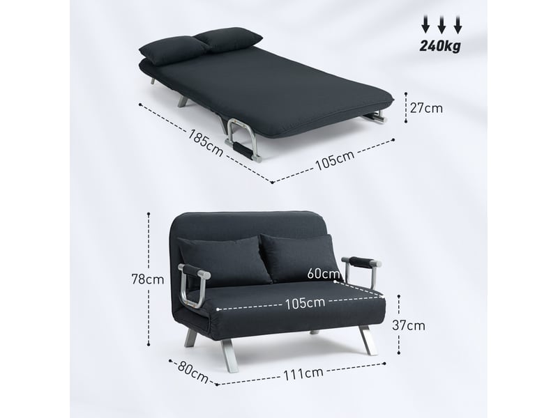  Canapé convertible ulevr 2 places avec dossier réglable 5 positions, couchage 185 x 105 cm, aspect velours noir  - Conforama C