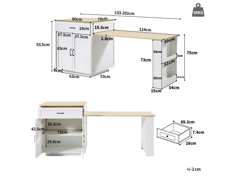 Îlot de cuisine 2 portes 2 tiroirs coloris blanc mdf table de bar blanc - Conforama C