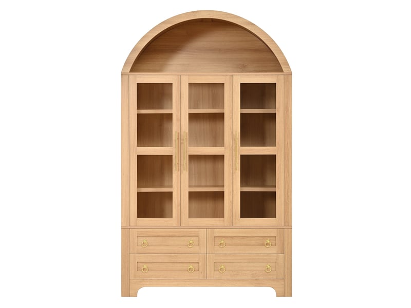  Vitrine style vintage à arche, 110 x 40 x 185 cm, finition imitation chêne clair, 3 portes vitrées et 4 tiroirs de rangement  - Conforama A