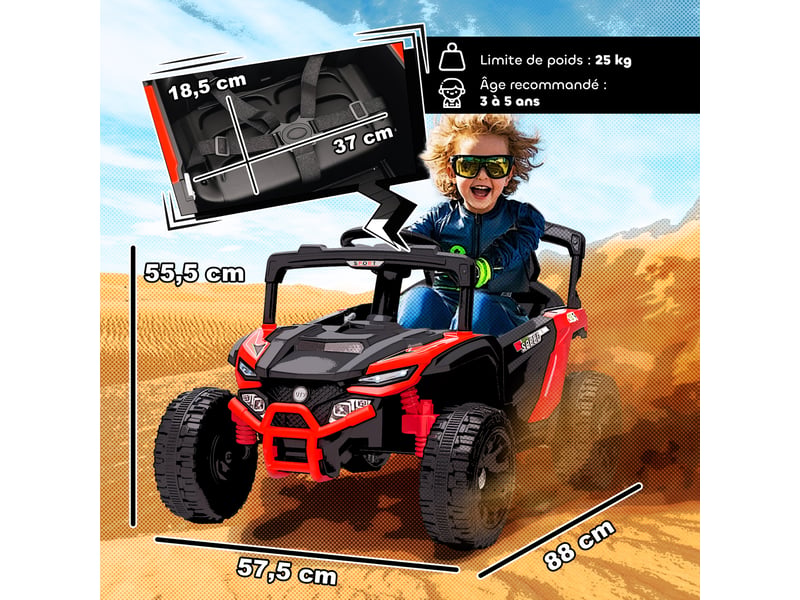  Voiture électrique enfant utv, buggy électrique enfant 12v 2 moteurs, télécommande, led, musique, klaxon, 3-8 ans, rouge  - Conforama E