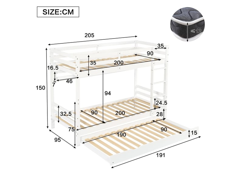  Lit superposé enfant 90 x 200 cm lit extensible à roulettes étagères de 2 mètres échelle bois de pin mdf contreplaqué blanc  - Conforama C