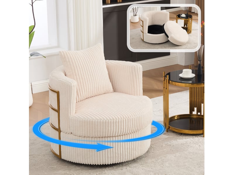  Fauteuil pivotant 360° avec coffre de rangement, assise confortable et accoudoirs rembourrés, en velours côtelé beige  - Conforama E