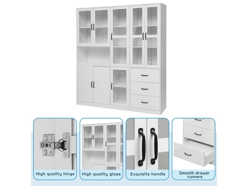 Vitrine combinée 180x40x200 cm blanche avec led, 8 portes et 3 tiroirs  - Conforama D