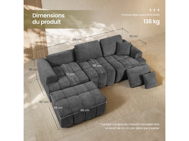  Ensemble canapé modulable d'angle 3 places avec pouf, canapé compressé en tissu chenille pour salon, gris  - Conforama D