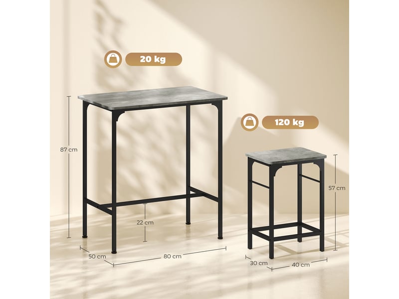 Ensemble table de bar avec 2 tabourets, cadre en acier pour cuisine, salle à manger et salon, gris  - Conforama E