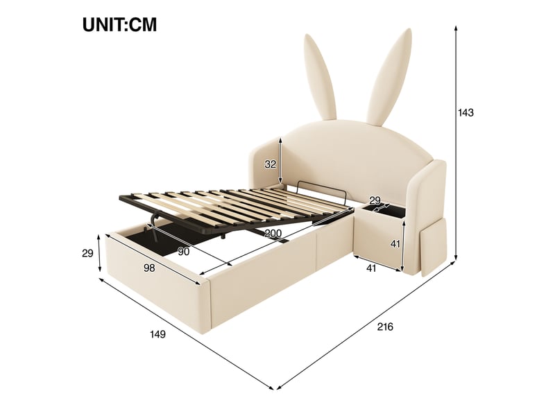  Modenvie lit enfant avec rangement 90x200 cm - coffre hydraulique, chevet reversible, sans matelas - beige  - Conforama C
