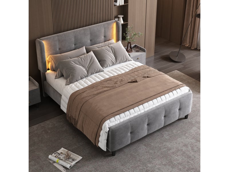  Lit double 140x200cm, velours gris, bandeau led multicolore, dossier réglable, tête et pied matelassés, style élégant  - Conforama C