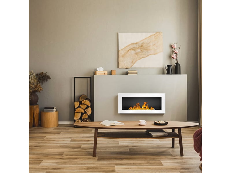  Lucca - cheminée murale bioéthanol 90x40x12 cm avec brûleur 0,75 l en acier inoxydable blanc  - Conforama B