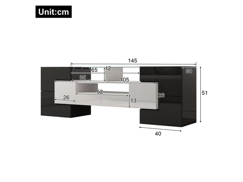  Meuble tv bas 145 x 30 x 51 cm, led multicolore, mdf blanc brillant  - Conforama C