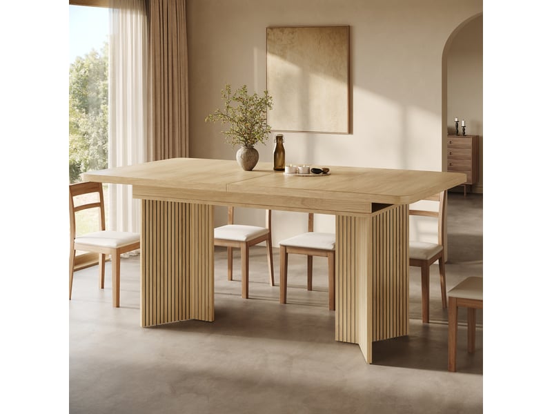 Table à manger extensible 120160 cm pour 6 personnes, table de cuisine rectangulaire avec pieds v rainurés verticaux, effet bois - Conforama C