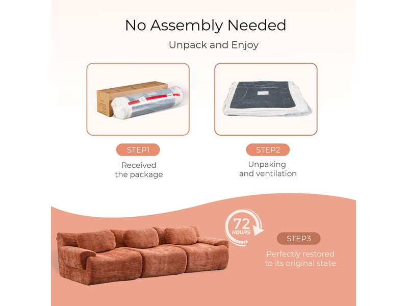 Canapé droit 3 places compressé design ondulé avec assise en mousse et larges accoudoirs en chenille orange - Conforama E