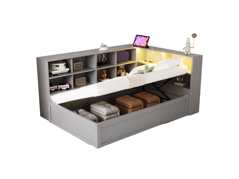 Lit gigogne 90x200, couchage intégré banquette lit, structure bois massif, rangements multifonctions, led multicolore, ports usb - Conforama A