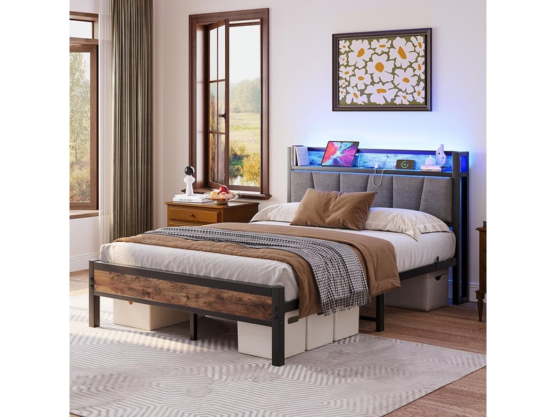 Lit double 140x190 cadre lit éclairage led intelligent tête lit recharge usb plateforme lattes métal ultra-résistantes facile brun antique  - Conforama D