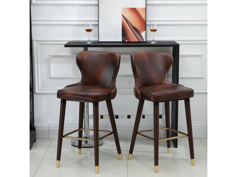  Lot 2 tabourets bar industriels dossierrepose-pieds, similicuir, pieds bois, vintage cuisinerestaurant, 52x53x101 cm.  - Conforama D