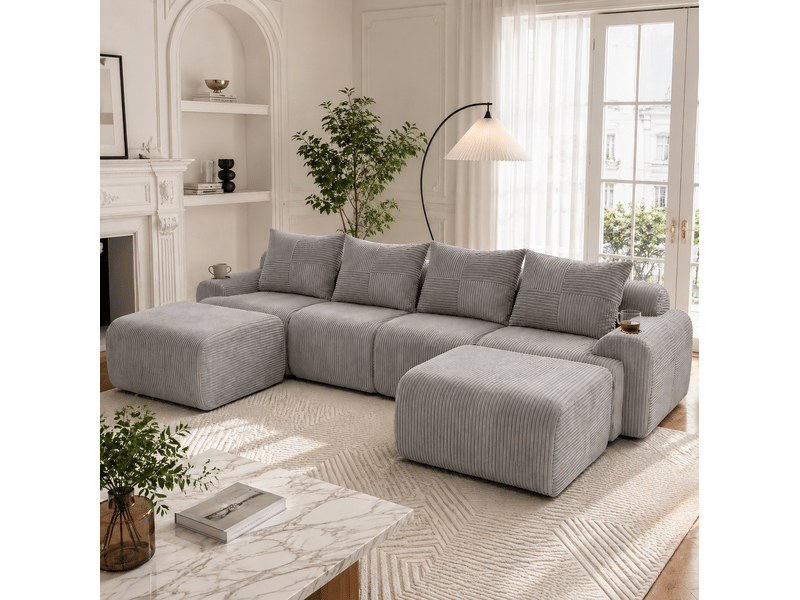  Canapé modulaire 4 places 333x174x80 cm avec 2 poufs, porte-gobelet, gris clair  - Conforama B